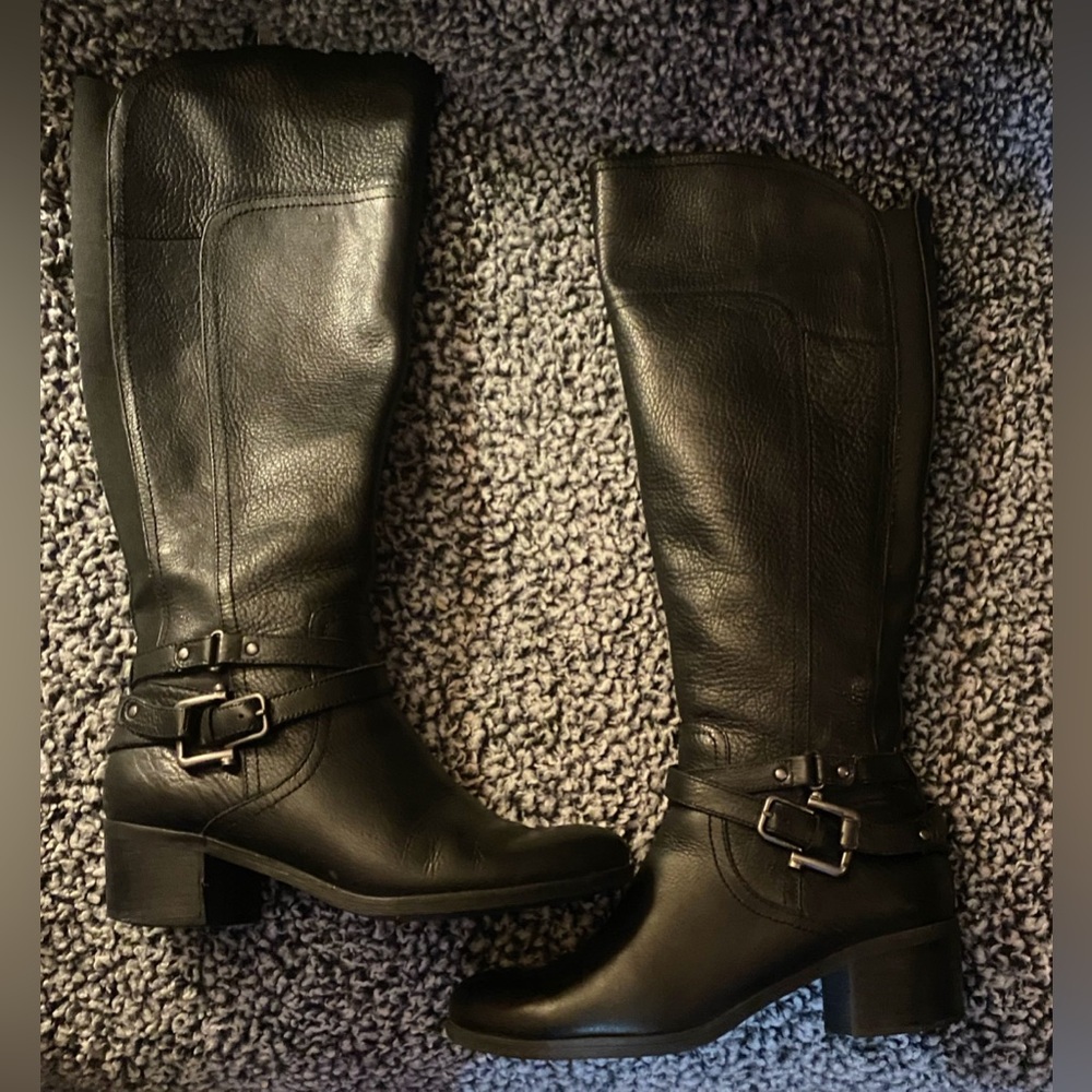 Marc Fisher Black Leather Riding Boots With Buckles